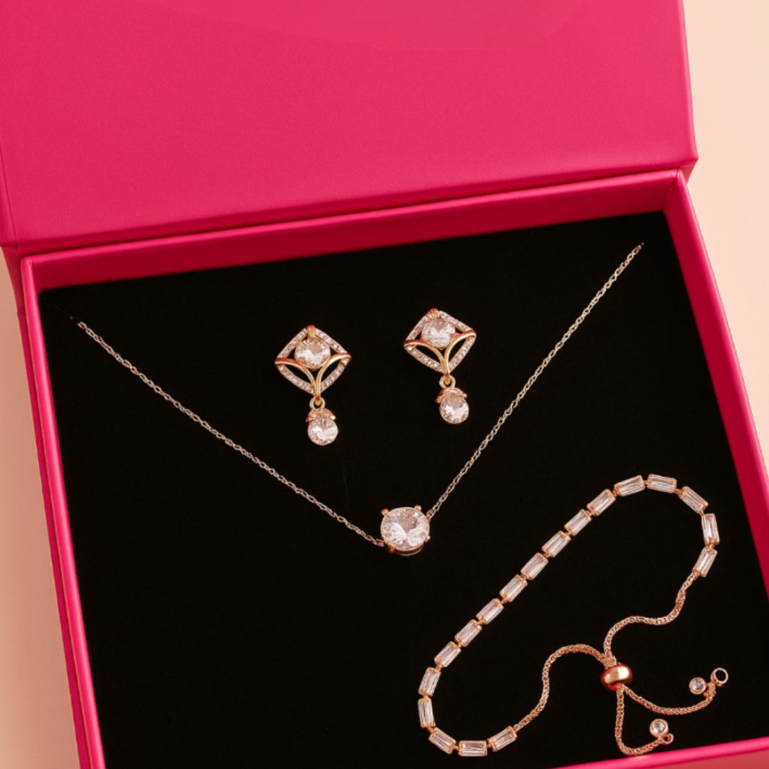 Gift Elegant Rose Gold Jewelry Set for Women – Necklace, Earrings & Bracelet with Sparkling AD Stones, Perfect Gift for Weddings,Functions & Anniversaries