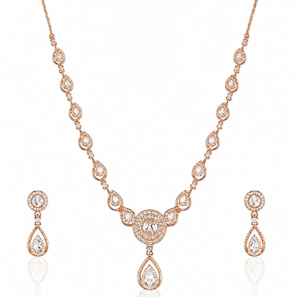 18k Rose Gold Plated American Diamond Necklace Set| Hypoallergenic & Anti Tarnish