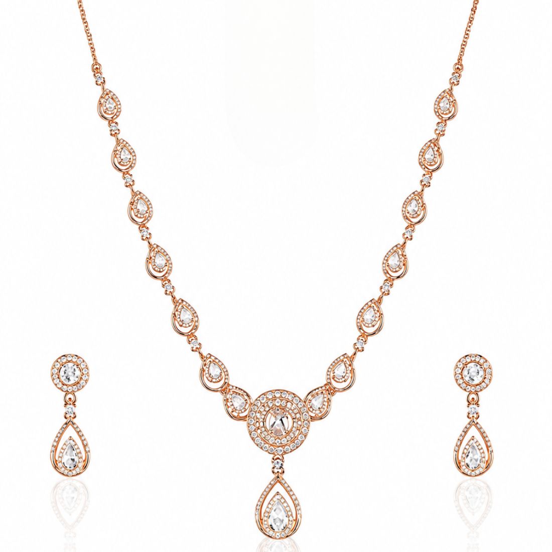 18k Rose Gold Plated American Diamond Necklace Set| Hypoallergenic & Anti Tarnish
