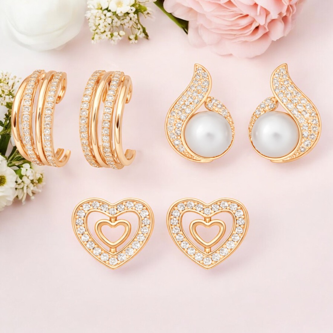 Weekly Rotation Studs| Rose Gold Plated Stud Earrings Set With American Diamond | Value Set For Women And Girls