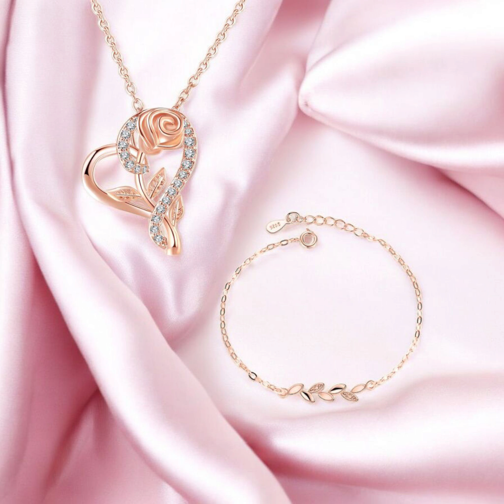 Forever Love Duo| Rose Gold Plated Leaf Bracelet with Heart Shape Pendant Value Set for Women & Girls| Gift, Ocassion