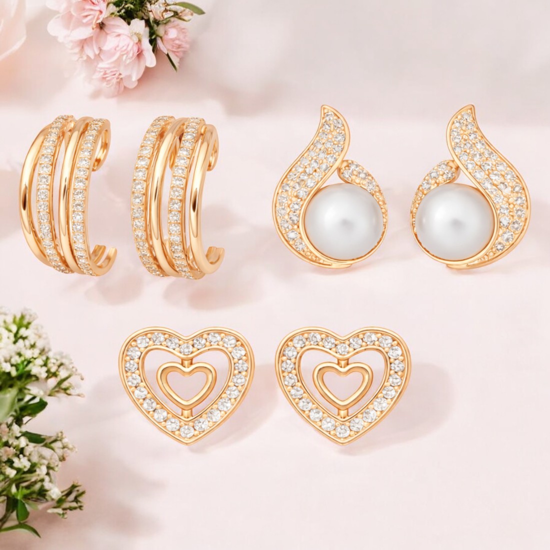 Weekly Rotation Studs| Rose Gold Plated Stud Earrings Set With American Diamond | Value Set For Women And Girls