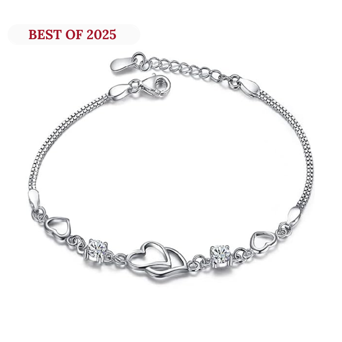 Double Heart Shape Silver Plated CZ Crystal Bracelet, Gift for Loved One, Valentine's Day Gift