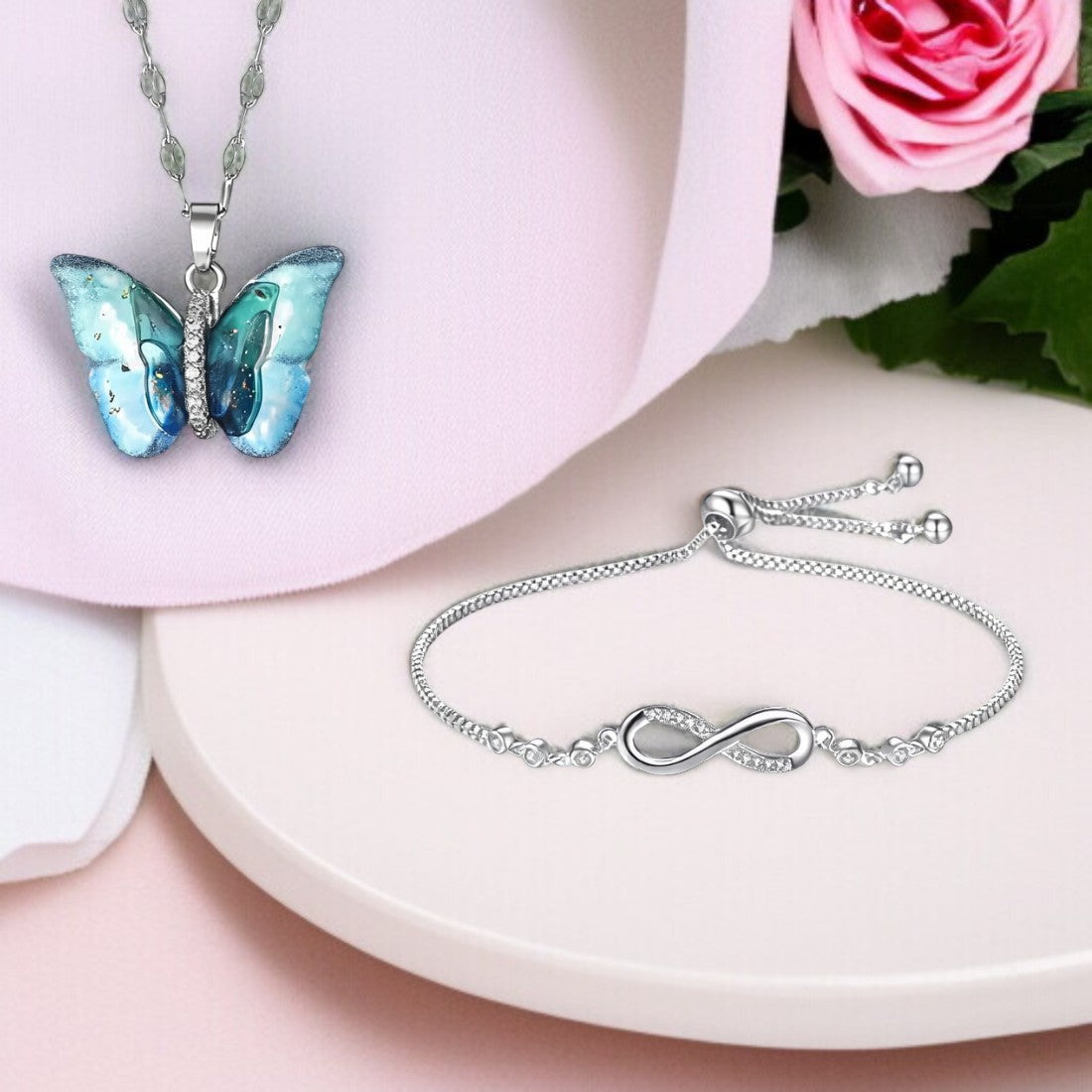 Tender Touch Duo | Butterfly Pendant with Infinity Bracelet Value Set for Women & Girls | Valentine Gift