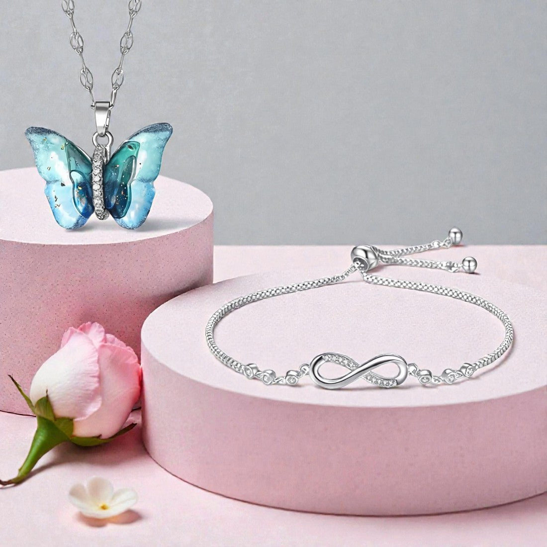 Tender Touch Duo | Butterfly Pendant with Infinity Bracelet Value Set for Women & Girls | Valentine Gift