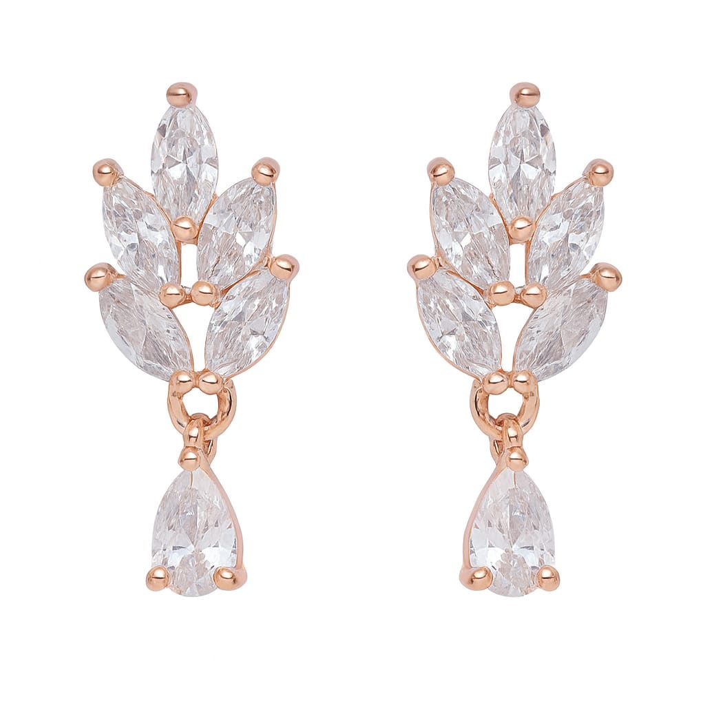 Nilu's Collection Rose Gold Plated Leaf Drop Earrings with American Diamond Stones For Women and Girls | Anti-Tarnish | Lightweight & stylish