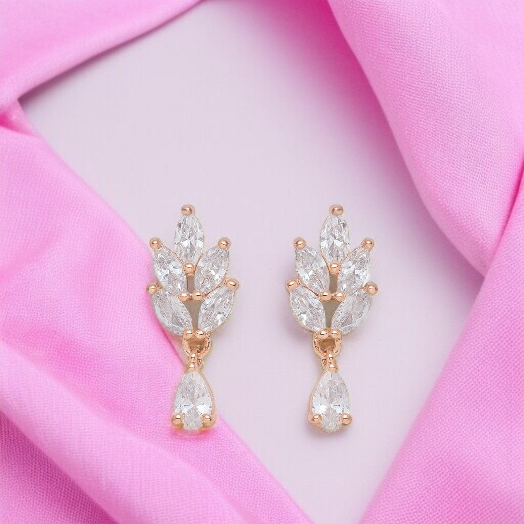 Nilu's Collection Rose Gold Plated Leaf Drop Earrings with American Diamond Stones For Women and Girls | Anti-Tarnish | Lightweight & stylish