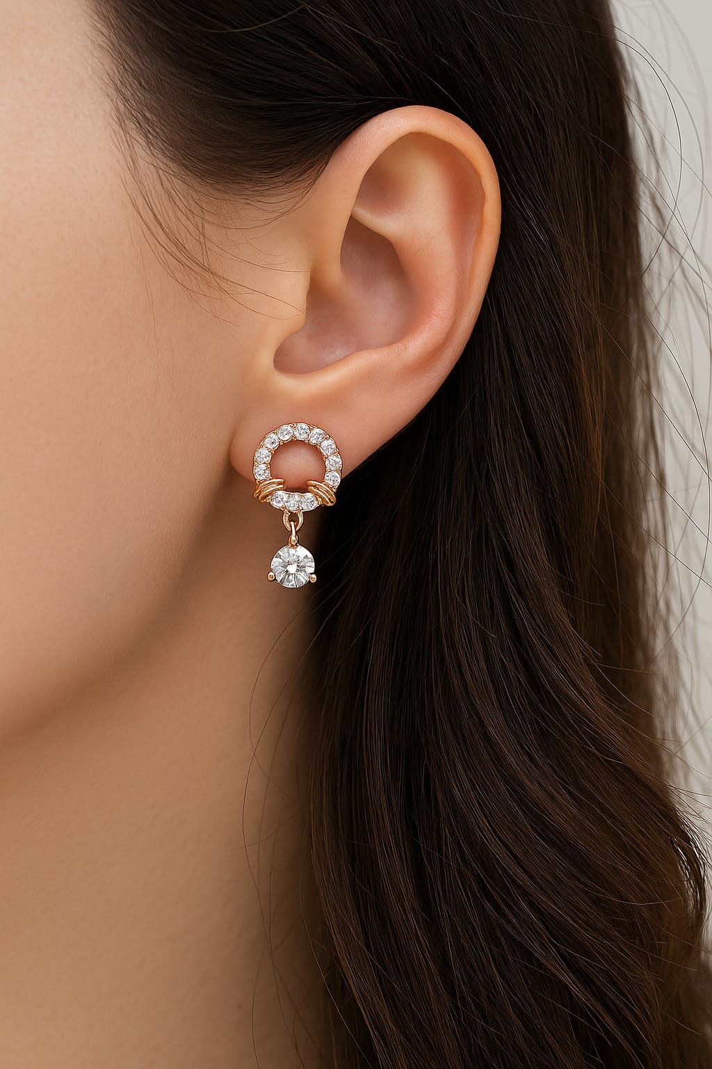 Nilu's Collection Rose Gold Plated American Diamond Hoop Drop Earrings for Women & Girls | Lightweight | Anti-Tranish| Anti- Allergy