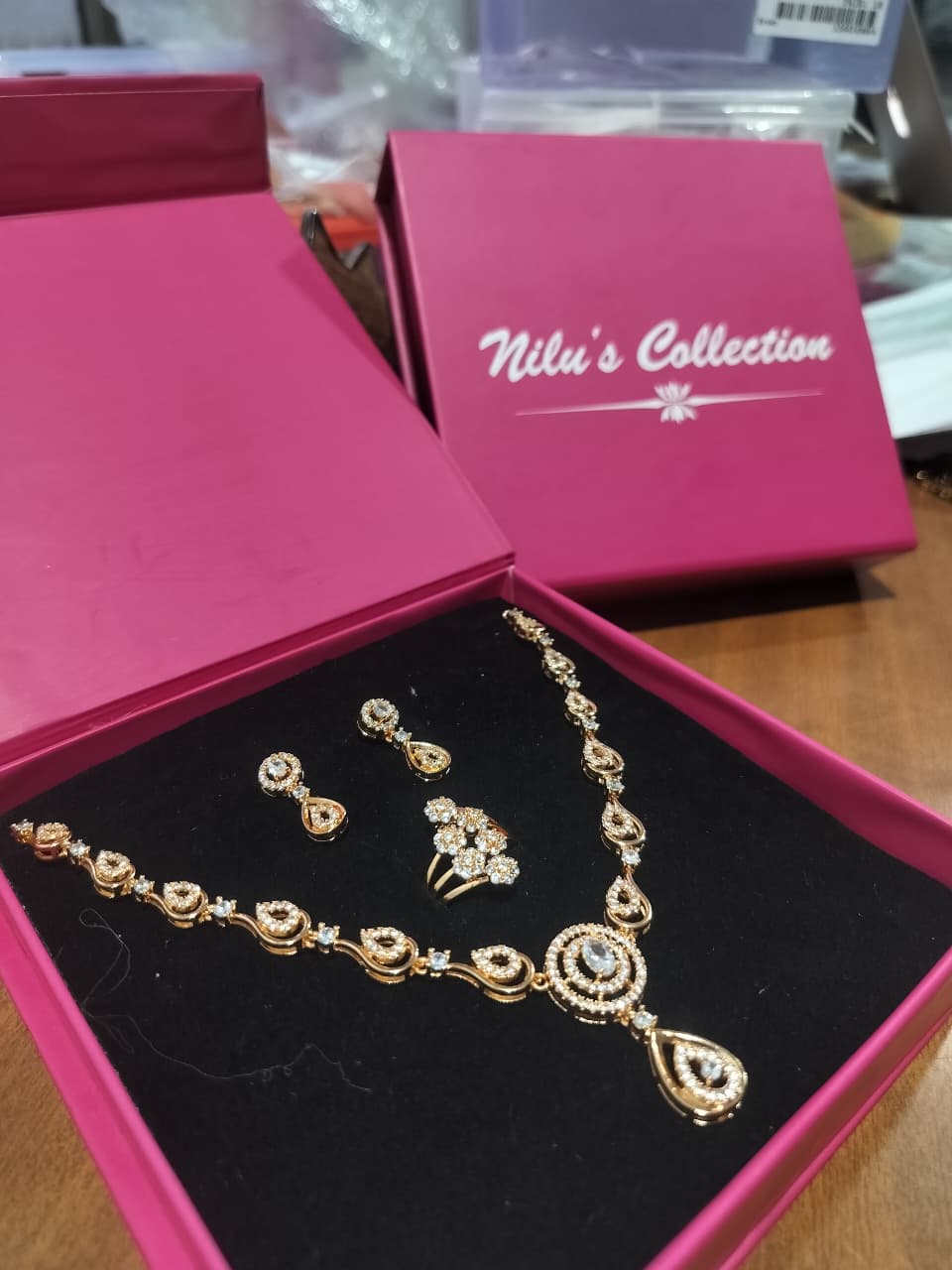 Gift Rose Gold Plated Necklace set and Ring With American Diamond For Women And Girls