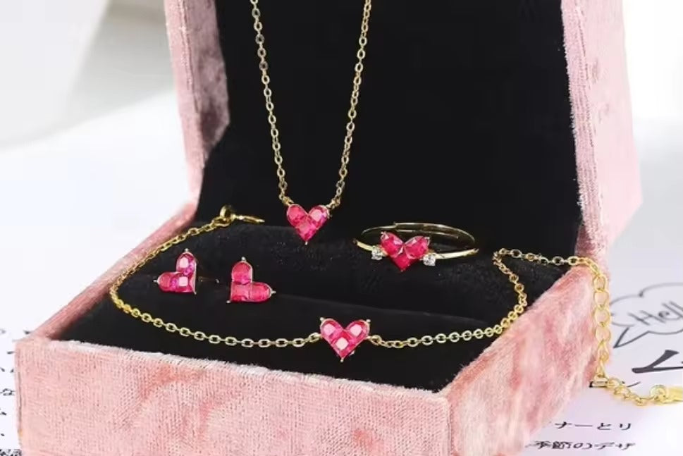 Heart Shape 21K Gold Plated Combo of Necklace Set with Earrings, Bracelet and Ring for Girls and Women