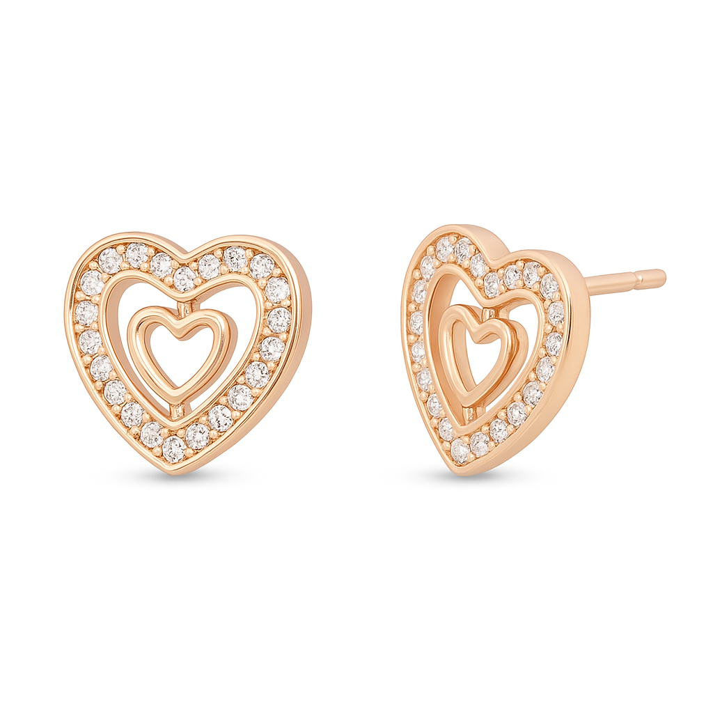 Nilu's Collection Rose Gold Plated Double Heart Stud Earrings with American Diamond For Women And Girls | Anti-Tranish | Anti-Allergy | Office Wear