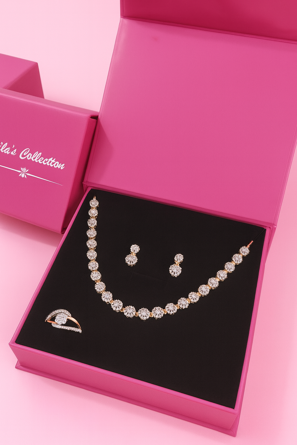 Gift Rose Gold Plated American Diamond Necklace Set with Earrings & Ring for Women & girls
