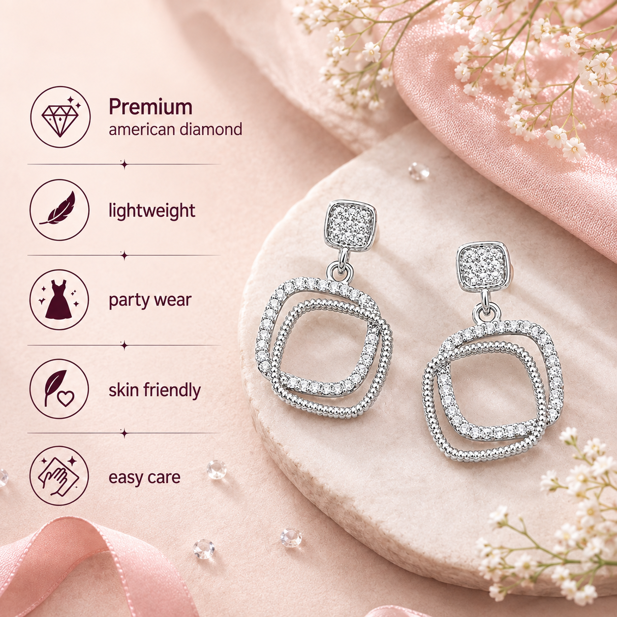Silver Plated Square Design Drop Earrings