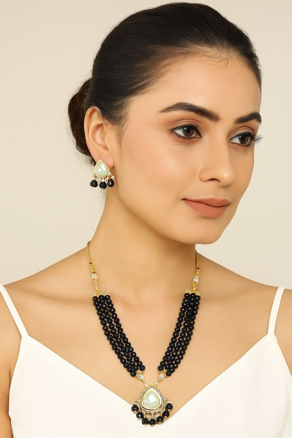 Nilu's Collection Elegant Triple-Layer Black Moti Necklace with Pearl Drop Earrings for womens and girls