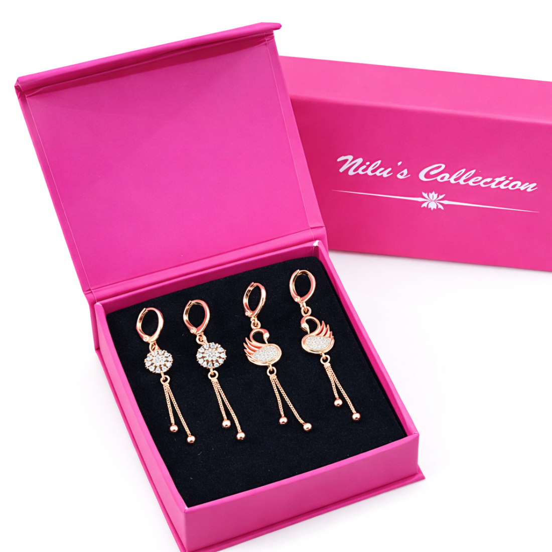Gift Rose Gold Plated Drop Earrings Set With American Diamond For Women And Girls