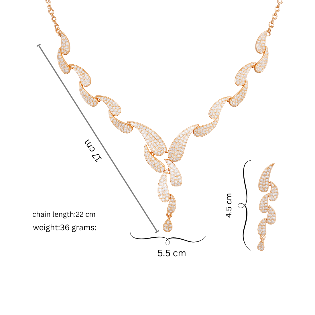 Nilu's Collection Rose Gold Plated Necklace with Leaf Motifs and Matching Drop Earrings For Women & Girls