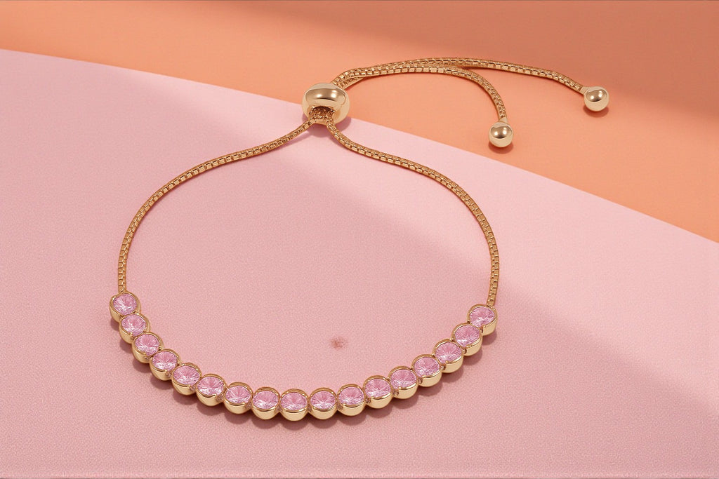 Trendy Tennis Adjustable Bracelet With American Diamond For Women & Girls | Anti- Tarnish | Anti- Allergy |Daily Wear ( Light Pink )