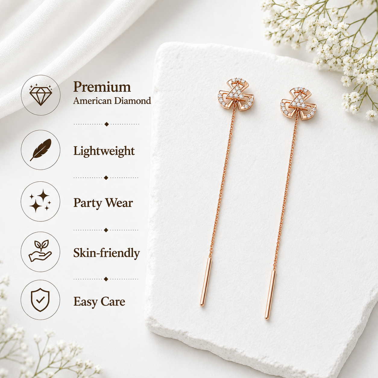 Rose Gold Plated Sui Dhaga Dangle Earrings