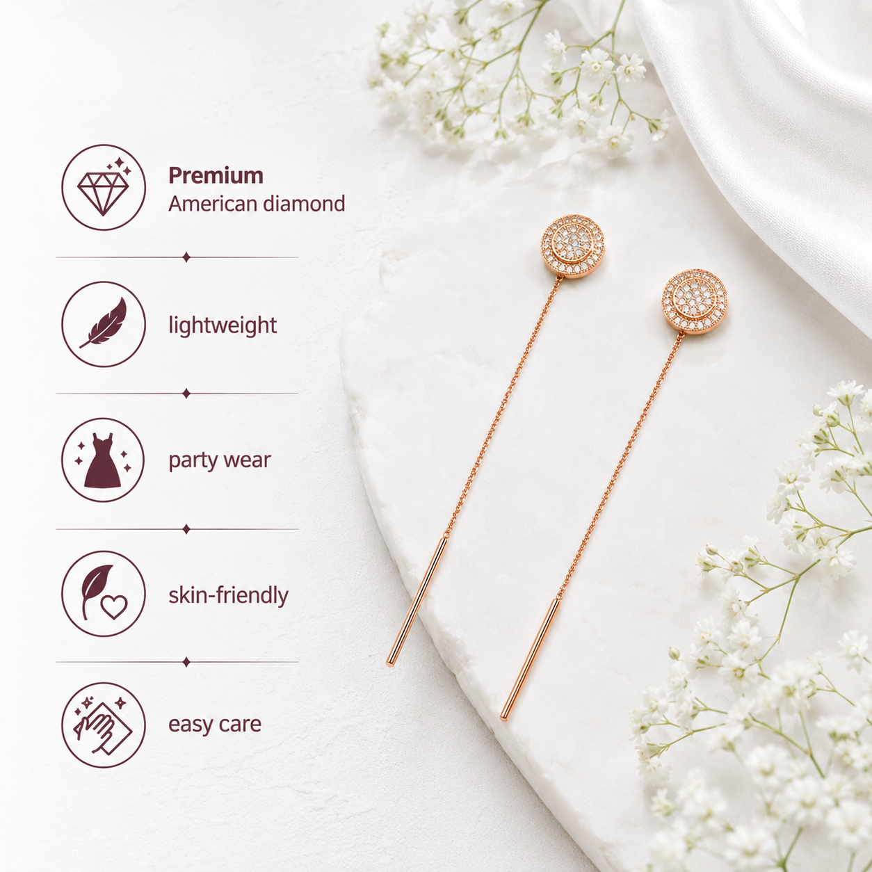 Rose Gold Plated Sui Dhaga Dangle Earrings