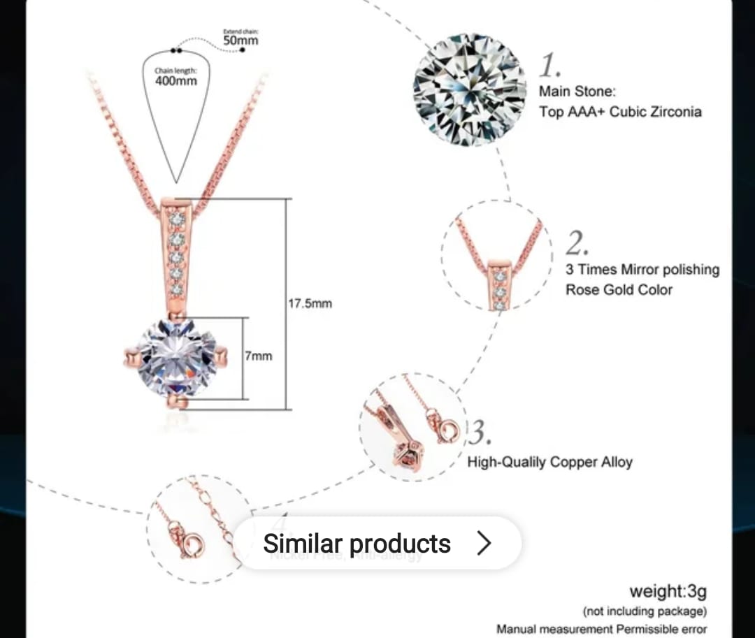 Rose Gold Plated Solitaire Pendant Chain for Women & Girls, Cubic Zircon Pendant Locket (Rose Gold)