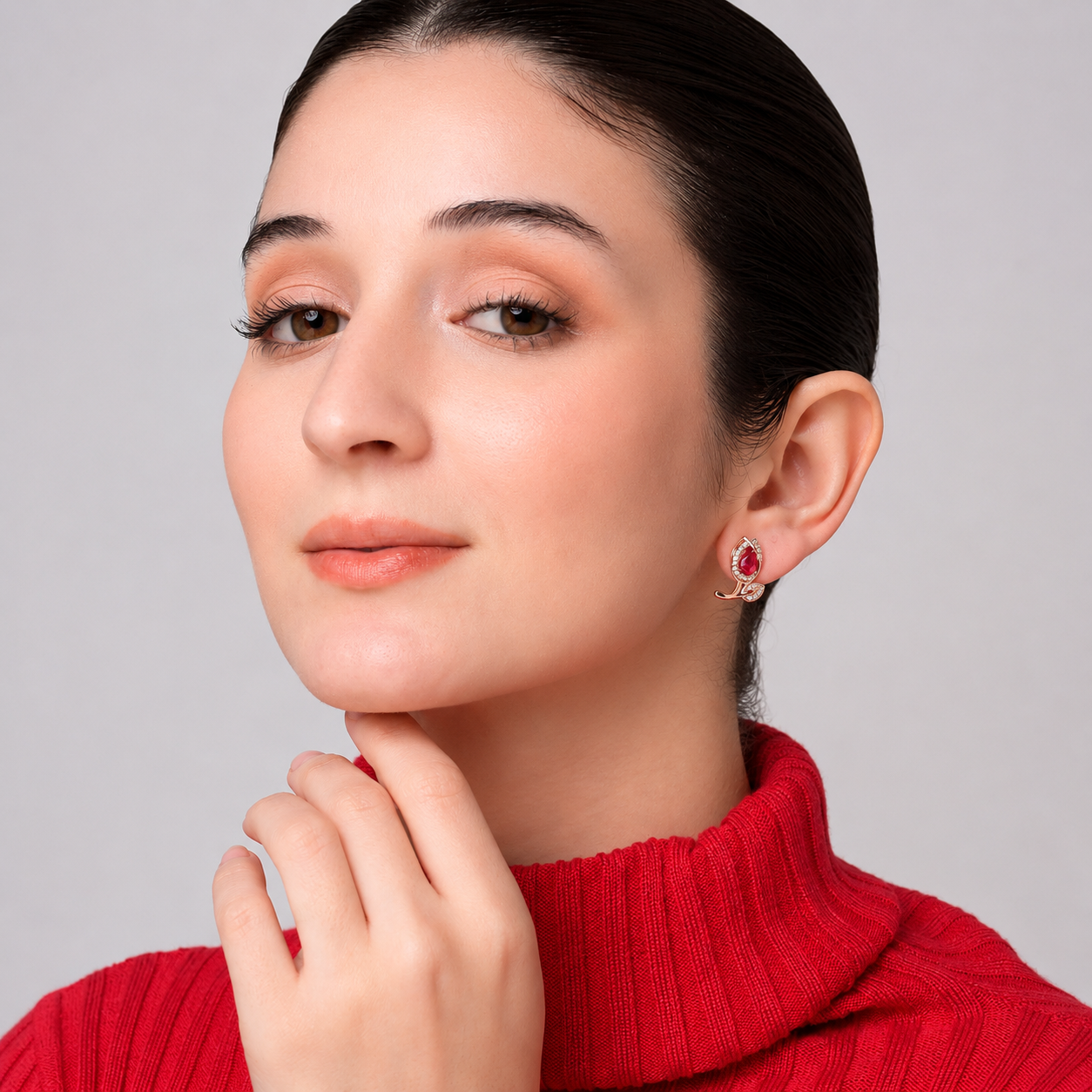 Rose Gold Floral Stud Earrings With Pink Stone