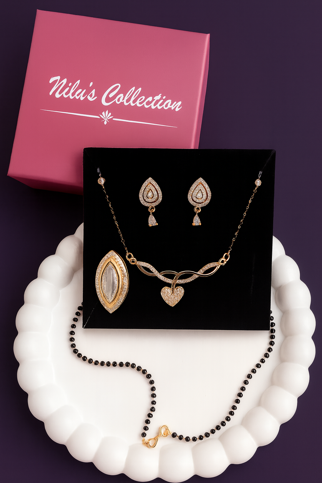 Gift Rose Gold Plated American Diamond Mangalsuthra with Earrings And Ring For Women