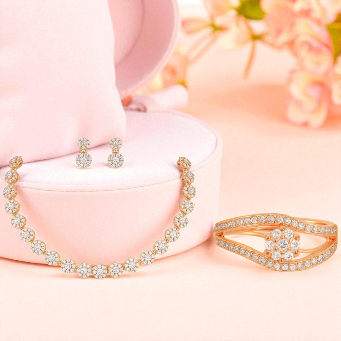Gift Rose Gold Plated American Diamond Necklace Set with Earrings & Ring for Women & girls