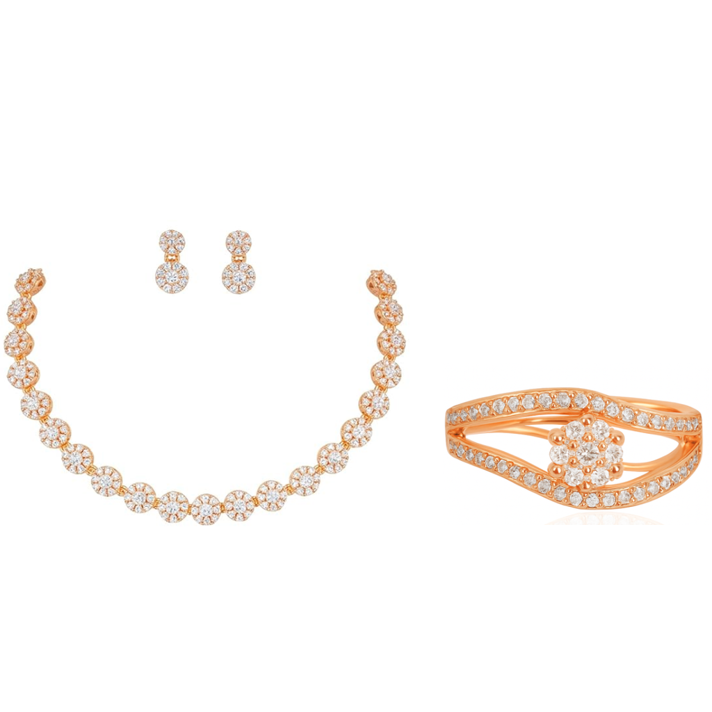 Gift Rose Gold Plated American Diamond Necklace Set with Earrings & Ring for Women & girls