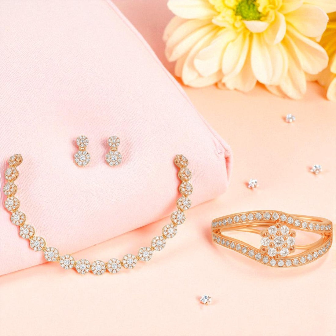 Gift Rose Gold Plated American Diamond Necklace Set with Earrings & Ring for Women & girls