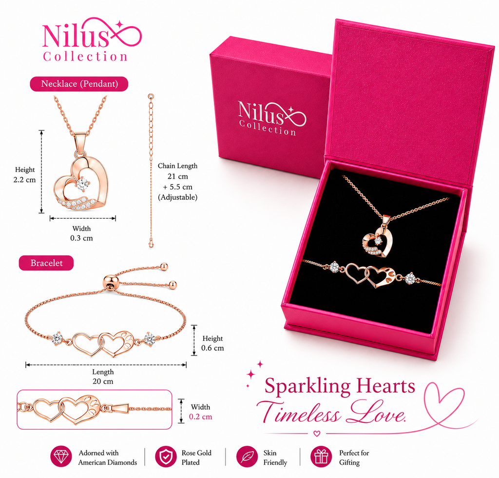 Rose Gold Heart Necklace & Bracelet Gift Set for Women