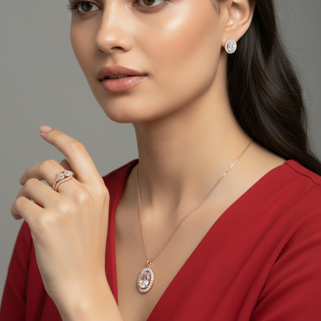 Gift Rose Gold Plated Necklace Set With Ring| Valentine Gift