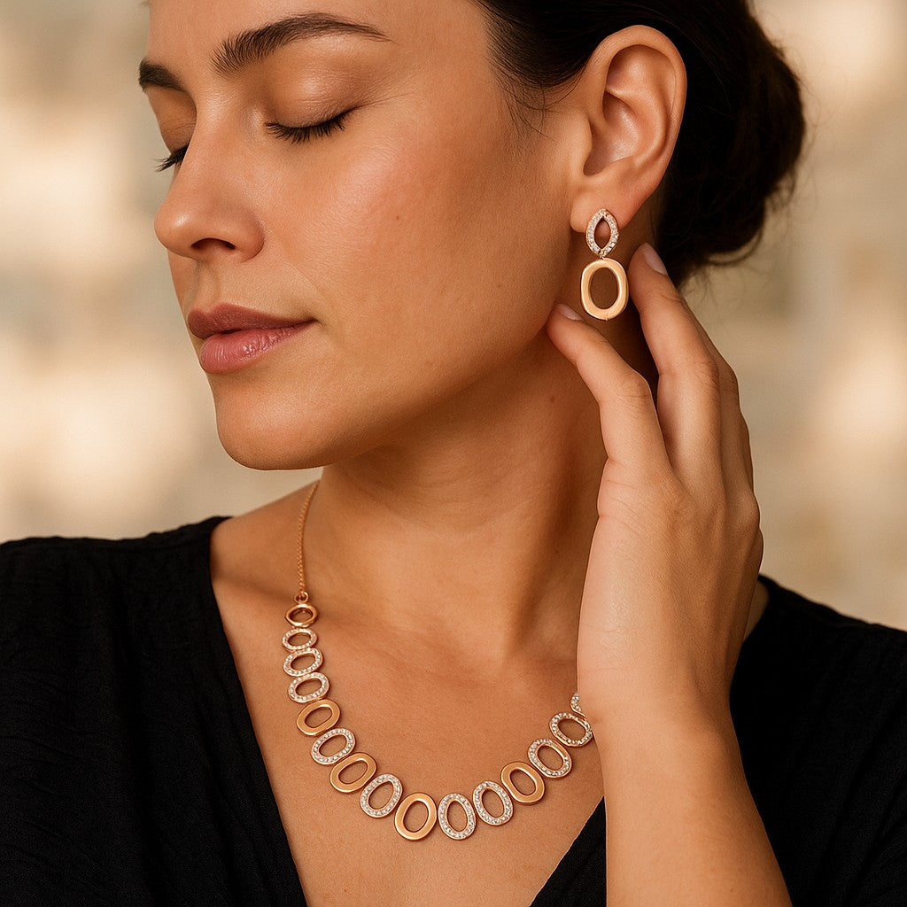Rose Gold Plated AD Stone Necklace And Pair Of Earrings for Women | Special Ocassion, Wedding, Dating | Anti Tarnish | Anti Allergy | Necklace and Earring Set | Gift for Her