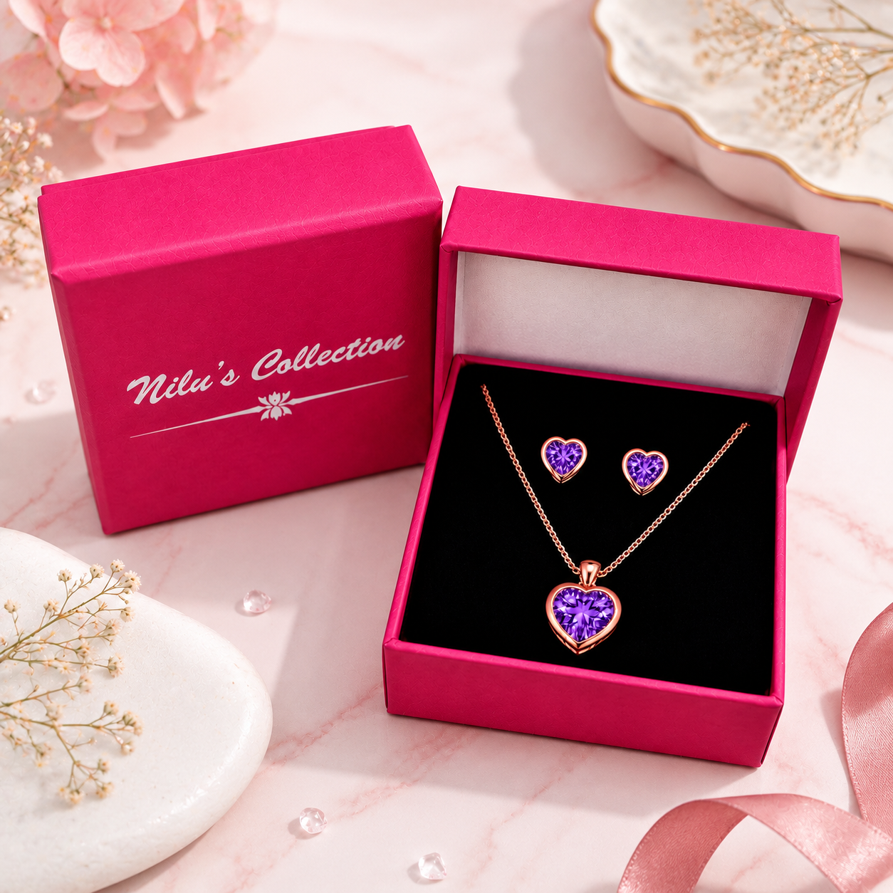 Rose Gold Heart Purple Jewellery Set For Women