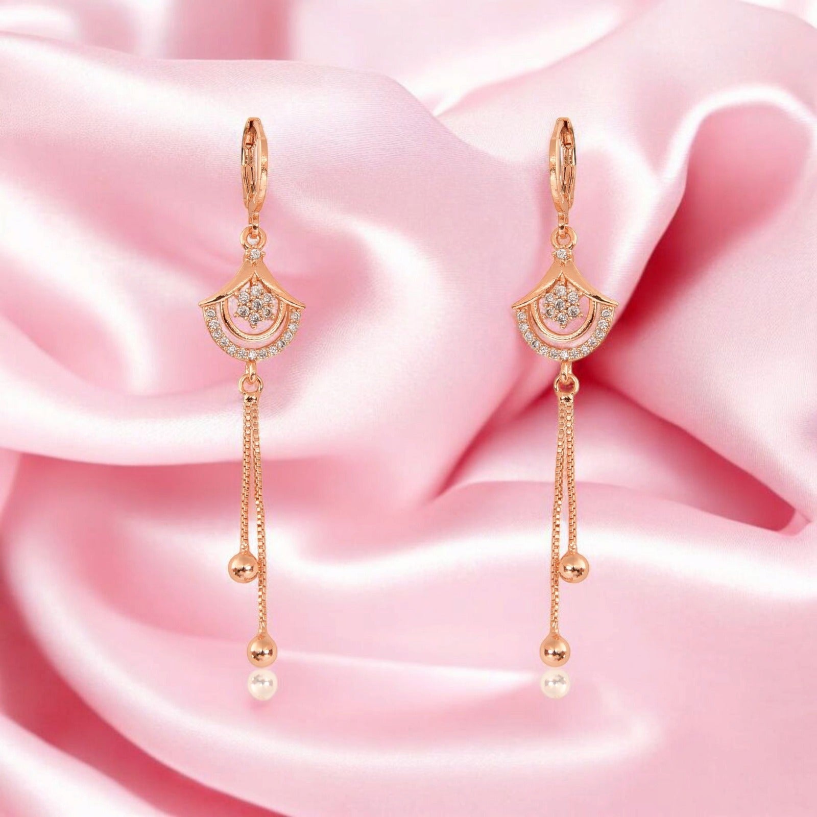 Rose Gold Long Earrings, American Diamond Studded Lightweight Drop Earrings for Women and Girls (rose)