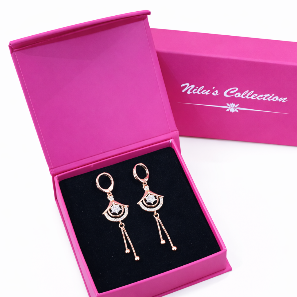 Gift Rose Gold Plated Drop Earrings Set With American Diamond For Women And Girls