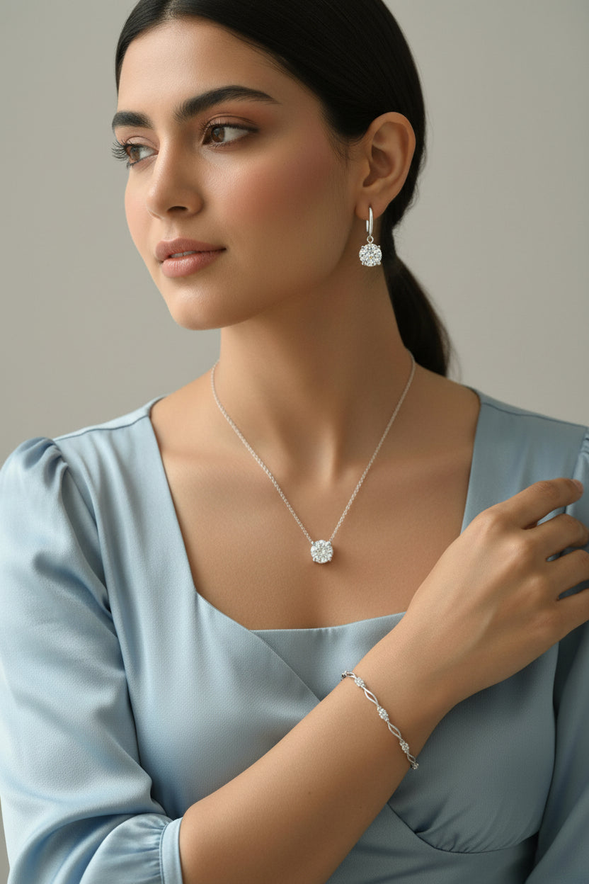 Gift Silver Plated Pendant With Earrings And Bracelet For Women And Girls| Valentine Gift