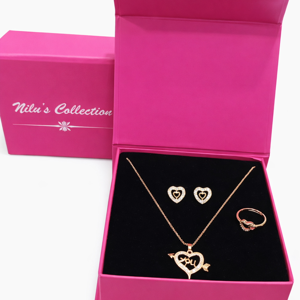 Gift Rose Gold Plated Pendant With Earrings And Adjustable Ring For Women And Girls