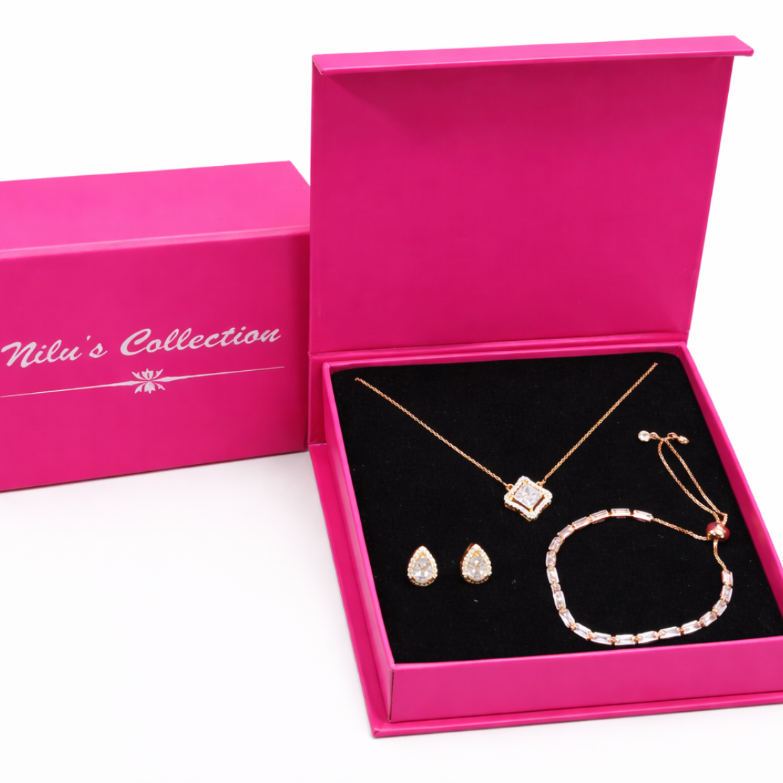 Gift Rose Gold Plated Pendant With Earrings And Adjustable Bracelet For Women And Girls