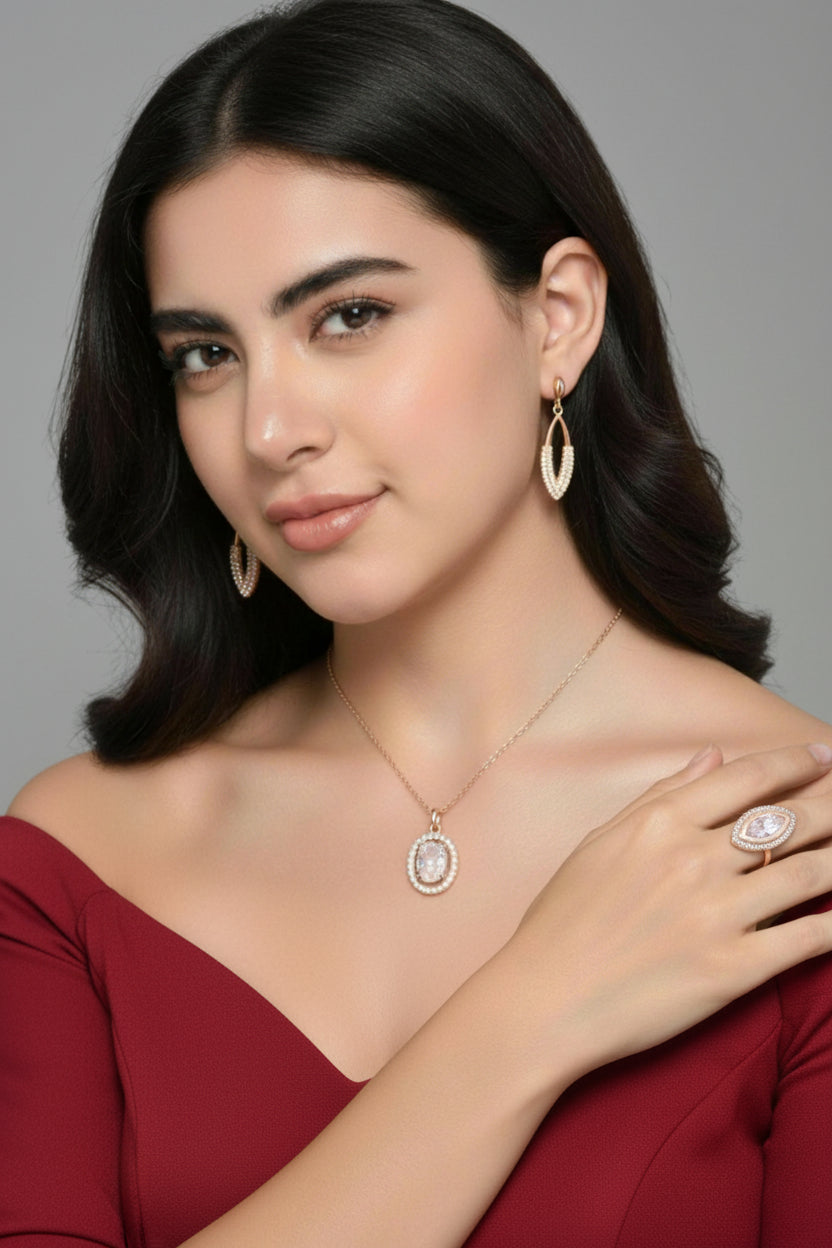 Gift Rose Gold Plated Pendant With Earrings and Ring For Women And Girls| Valentine Gift