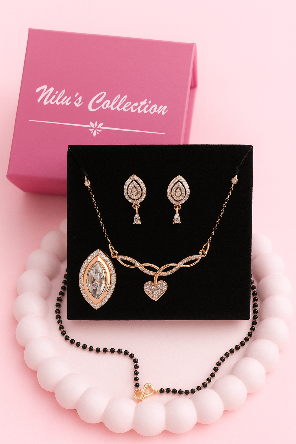 Gift Rose Gold Plated American Diamond Mangalsuthra with Earrings And Ring For Women