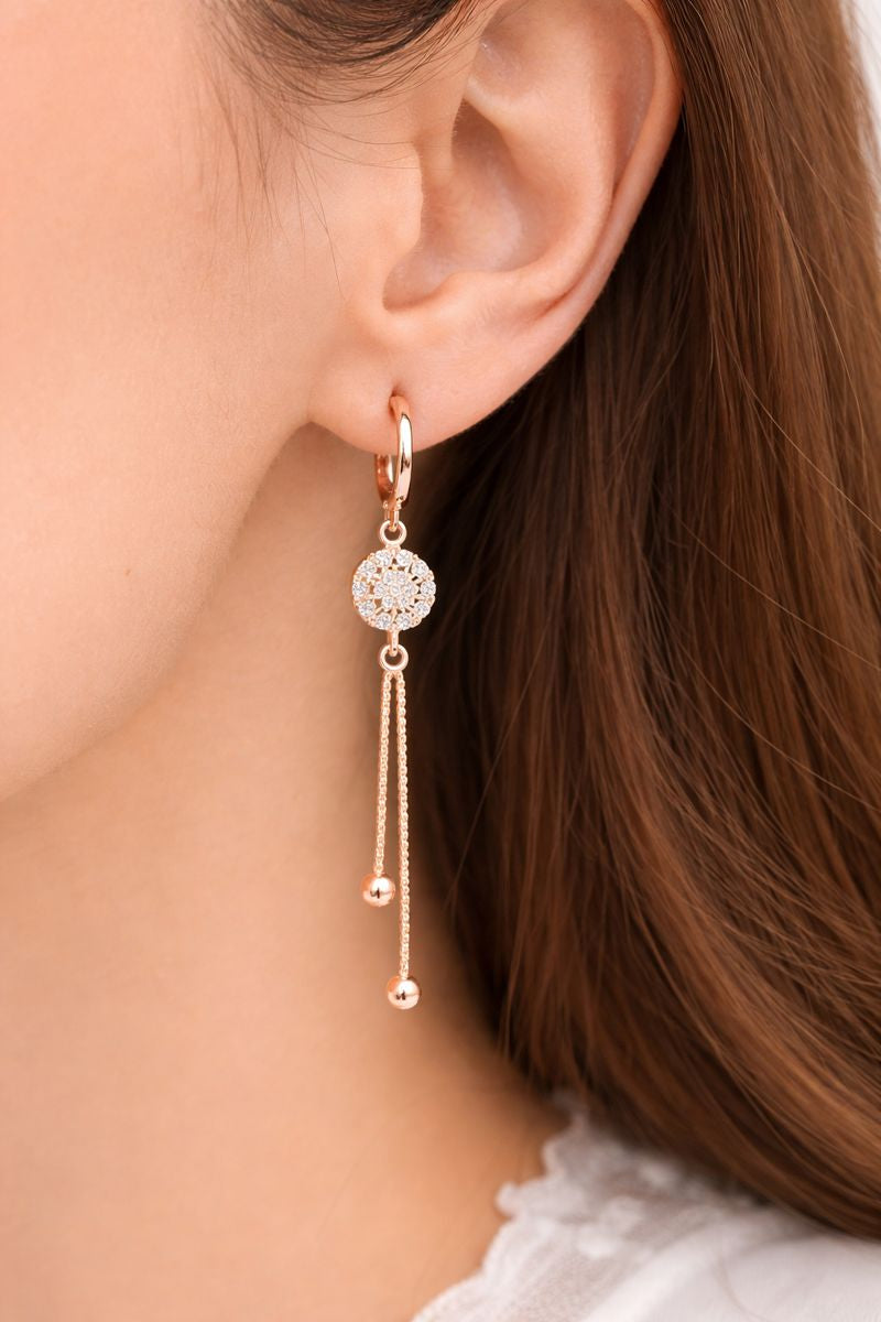 Rose Gold Long Earrings, American Diamond Studded Lightweight Drop Earrings for Women and Girls (Floral)