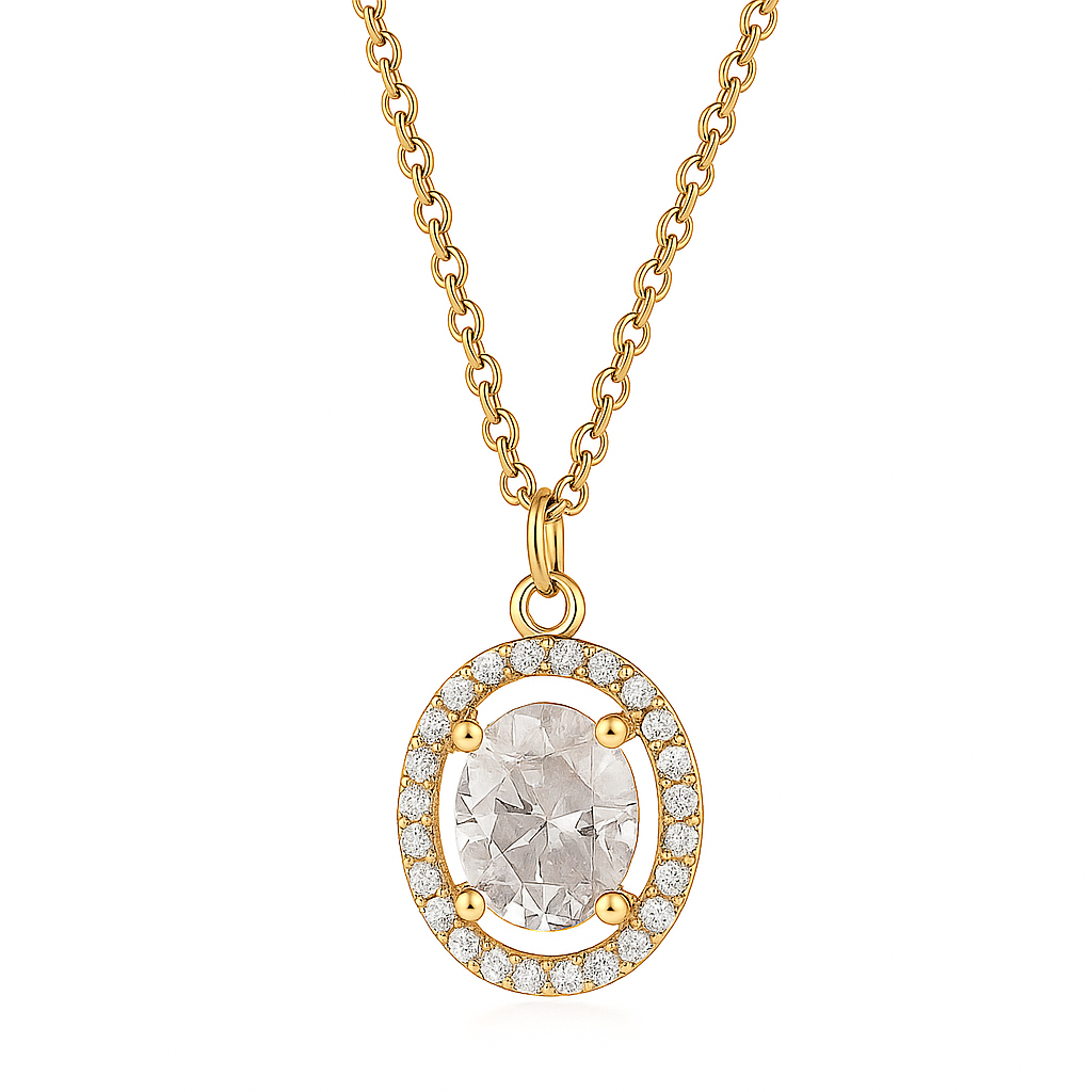 Nilu’s Collection Gold Plated Oval Pendant Necklace with Sparkling AD Stones For Women and Girls