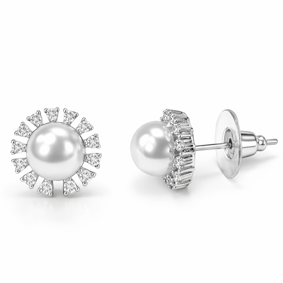 Nilu's Collection Silver Plated Pearl Stud Earrings With American Diamond for Women And Girls