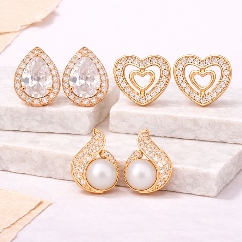 Weekly Rotation Studs| Rose Gold Plated Stud Earrings With AD Stone| Value Set For Women And Girls