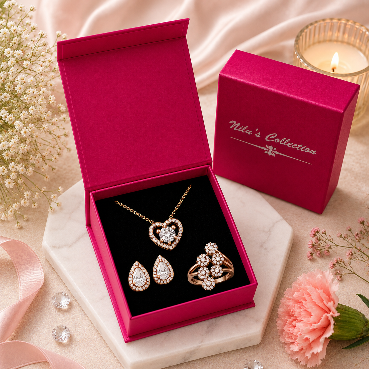 Harmony Hues Value Set Rose Gold Plated American Diamond Jewellery Set for Girls| Earrings, Pendant and Ring