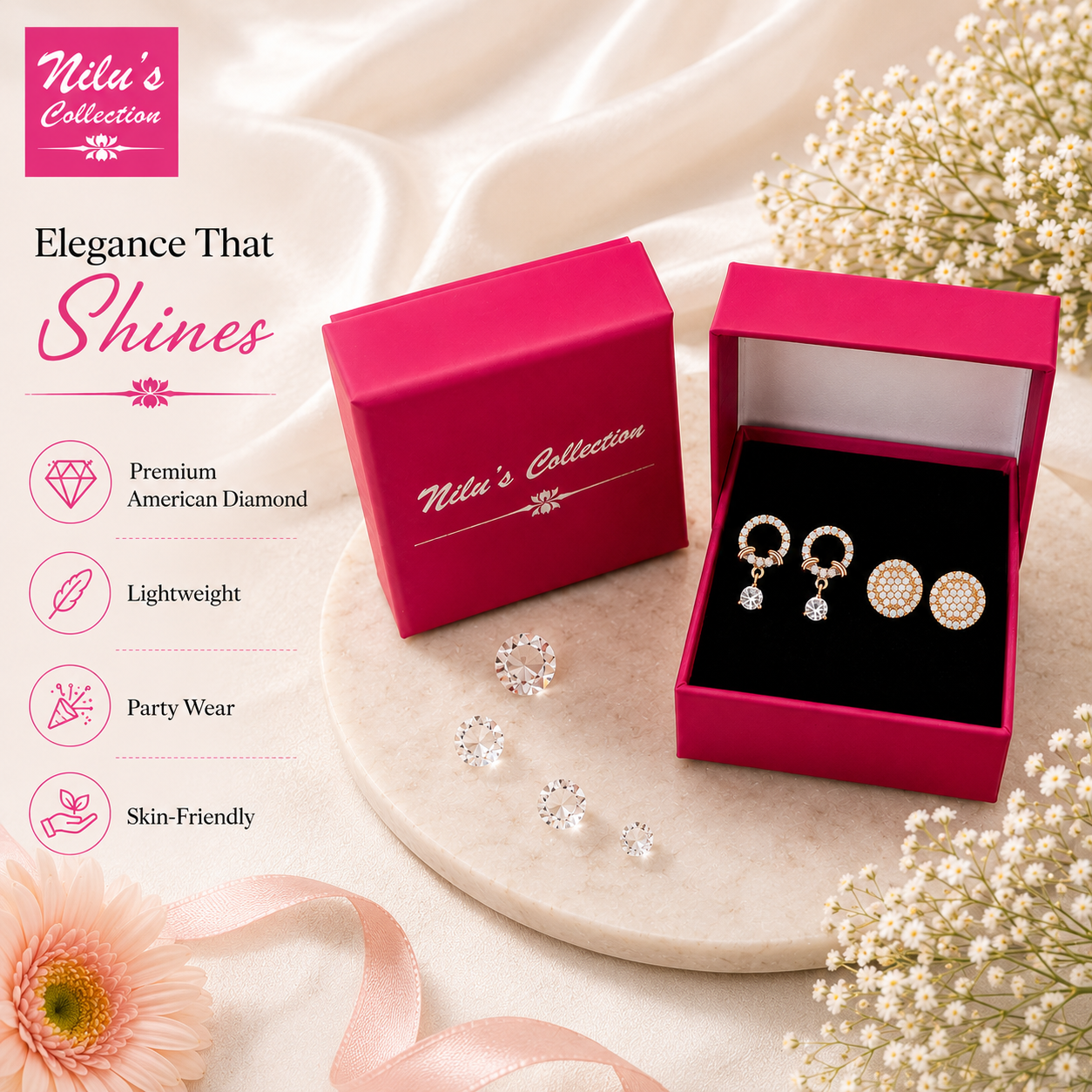 Gentle Glow Value Set| Rose Gold Plated Stud & Drop Earrings With American Diamond For Women & Girls
