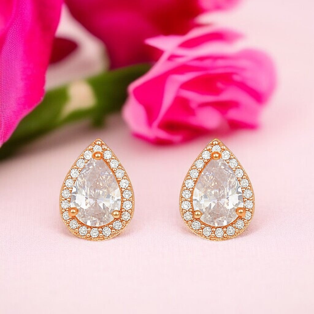 Rose Gold Plated Teardrop Stud Earrings AD Stones For Women And GIrls