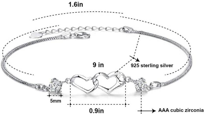 Sterling Silver Double Heart Shape Cubic Zirconia Charm Bracelet, Love Bracelet for Women and Girls