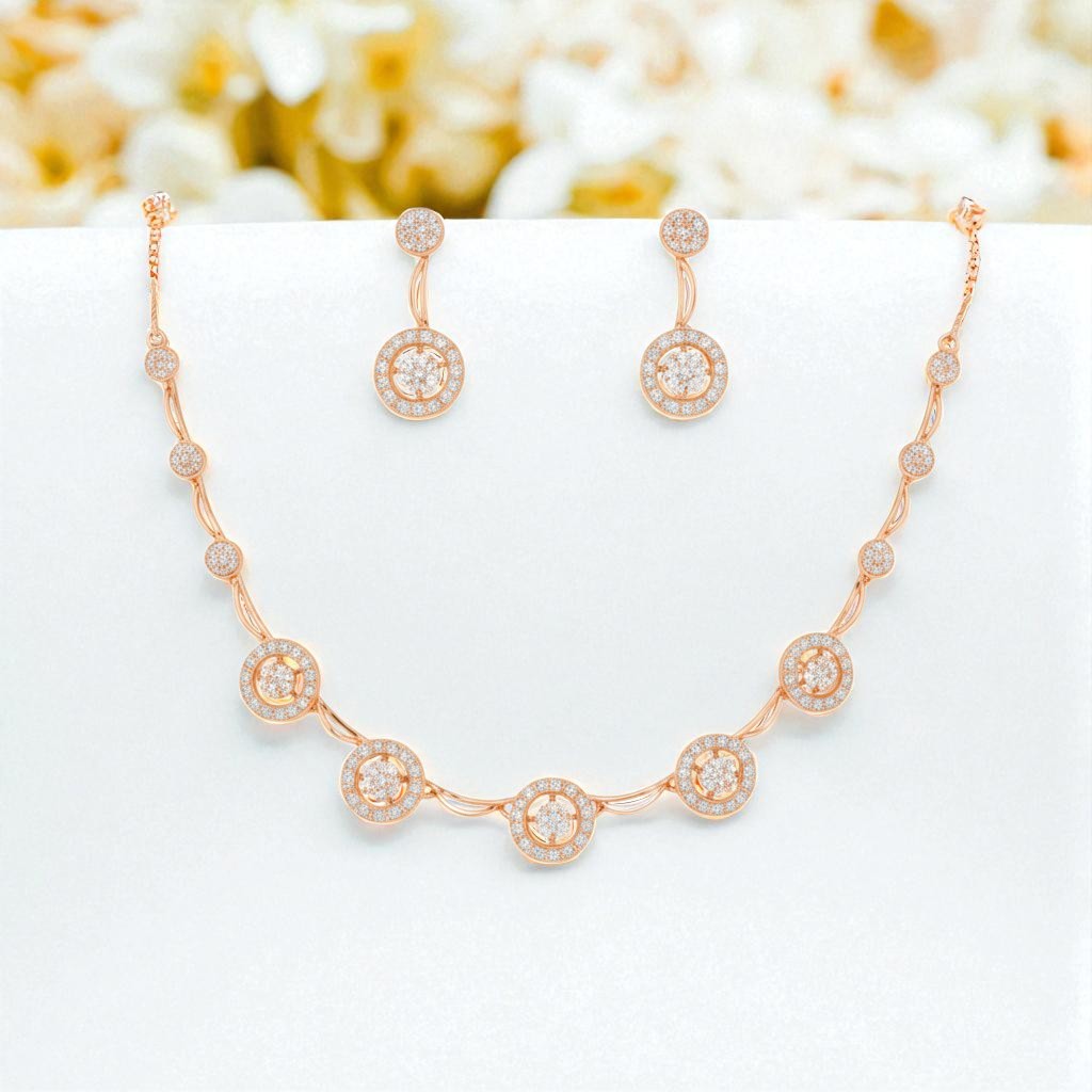 Nilu's Collection Rose Gold Plated Round Pattern Necklace Set With American Diamond For Women And Girls | Anti-Allergy | Anti-Tarnish | Gifr For Her