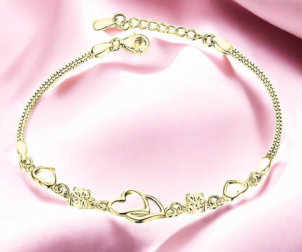 Double Heart Shape Gold Plated CZ Crystal Bracelet, Gift for Loved One, Valentine's Day Gift